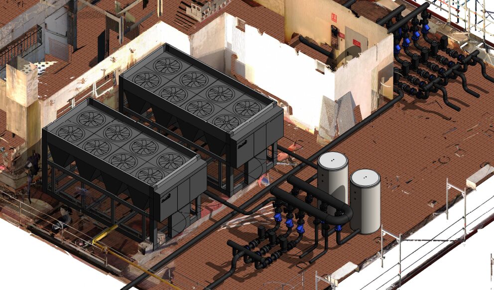 Imagen del gemelo digital de la instalación industrial, en la cual se visualiza el replanteo de los equipos y la reserva de los espacios. 